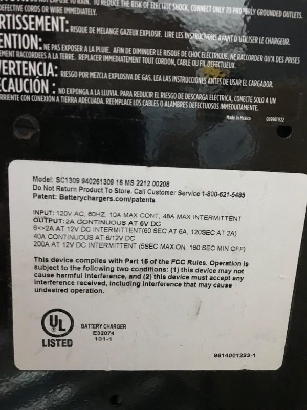Photo 1 of *UNFUNCTIONAL*- Schumacher SC1309 Battery Charger with Engine Starter, Boost, and Maintainer - 200 Amp/40 Amp, 6V/12V - for Cars, Trucks, SUVs, Marine, RV Batteries