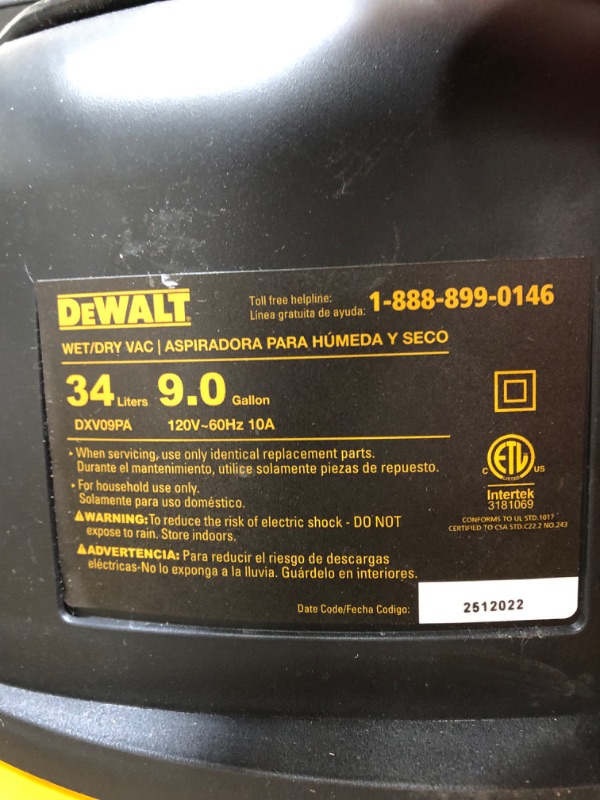 Photo 6 of *** NEW *** DEWALT 9 Gallon Wet/Dry VAC, Heavy-Duty Shop Vacuum with Attachments, 5 Peak HP, with Blower Function, DXV09PA, Yellow