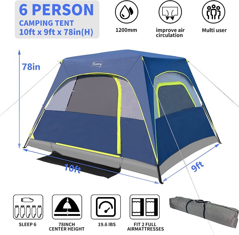 Photo 1 of 6-Person Tent/Instant for Camping Windproof Family 60 Seconds/Easy Setup Cabin Tent with Top Rainfly, Double Layer,4 Large Mesh Windows,2 Mesh Door,Provide 2 pcs Gate Mat Camping Tent-10'X9'X78''(H)
****(USED TENT UNKNOWN IF COMPLETE*****
