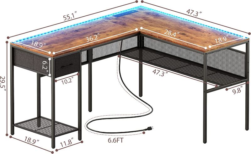 Photo 1 of SUPERJARE L Shaped Desk with Power Outlets & LED Lights, Reversible Computer Desk with Storage Shelves & Fabric Drawer, Corner Desk, Home Office Desk, Rustic Brown
