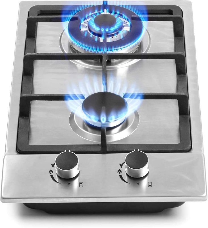 Photo 1 of 12" Gas Cooktops, 2 Burner Drop-in Propane/Natural Gas Cooker, 12 Inch Stainless Steel Gas Stove Top Dual Fuel Easy to Clean (12Wx20L)
