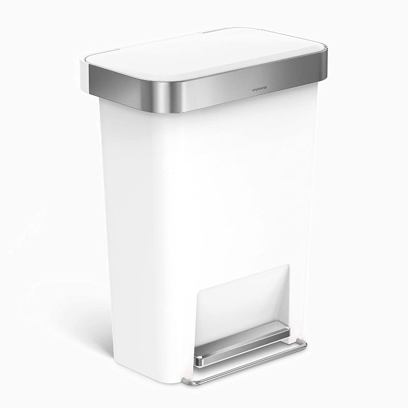 Photo 1 of **INCOMPLETE**simplehuman 45 Liter / 12 Gallon Rectangular Kitchen Step Trash Can with Soft-Close Lid, White Plastic
**MISSING LID**
