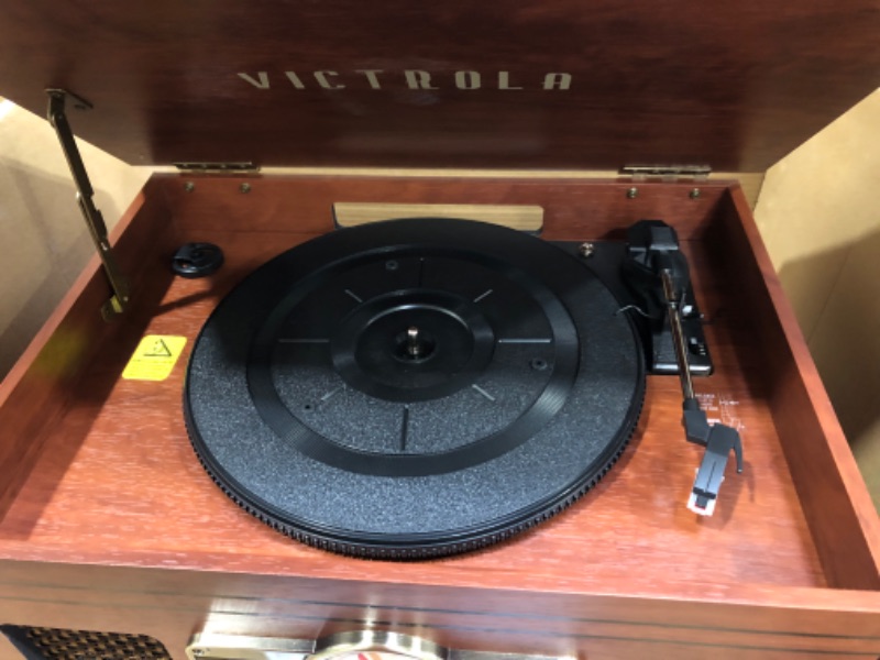 Photo 2 of Victrola Nostalgic 6-in-1 Bluetooth Record Player & Multimedia Center with Built-in Speakers - 3-Speed Turntable, CD & Cassette Player, FM Radio | Wireless Music Streaming | Mahogany Mahogany Entertainment Center