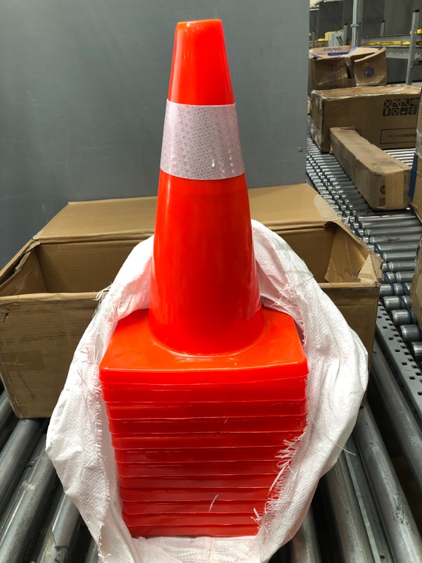 Photo 2 of [ 12 Pack ] 18" Traffic Cones PVC Safety Road Parking Cones Weighted Hazard Cones Construction Cones for Traffic Fluorescent Orange w/4" Reflective Strips Collar