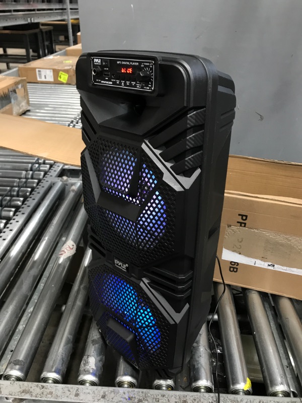 Photo 2 of Pyle Bluetooth PA Speaker System - 600W Rechargeable Outdoor Bluetooth Speaker Portable PA System w/ Dual 8” Subwoofer 1” Tweeter, Microphone In, Party Lights, USB, Radio, Remote - Pyle PPHP2836B Speaker System Speaker System