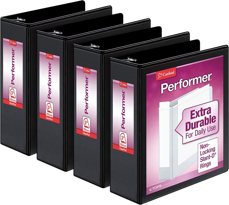 Photo 1 of Cardinal Performer 3-Ring Binders, 3", Non-Locking Slant-D Rings, 725-Sheet Capacity, ClearVue Presentation, Non-Stick, PVC-Free, Black, 4-Pack 
