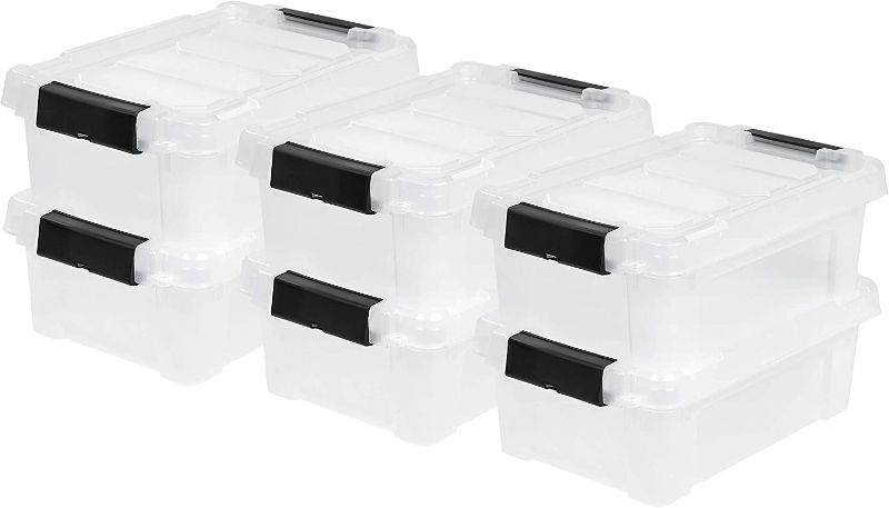 Photo 2 of IRIS USA 3 Gallon Heavy-Duty Plastic Storage Bins, 6 Pack, Store-It-All Container Totes with Durable Lid and Secure Latching Buckles, Garage and Metal Rack Organizing, Pearl/ Black
\Damaged**** 3 lids and 6 bins in package 

