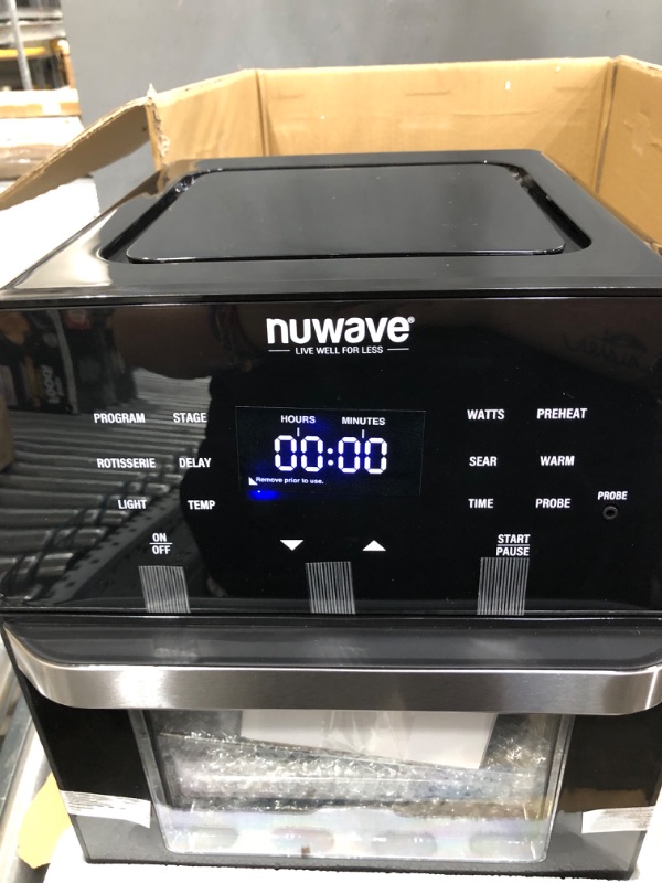 Photo 1 of NUWAVE Brio Air Fryer Smart Oven, 15.5-Qt X-Large Family Size, Countertop Convection Rotisserie Grill Combo, SS Rotisserie Basket & Skewer Kit, Reversible Ultra Non-Stick Grill Griddle Plate Included 15.5-Quart Black Air Fryer