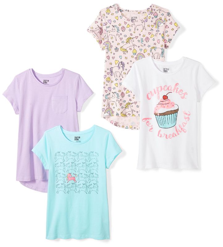 Photo 1 of BUNDLE OF 2, Amazon Essentials Girls and Toddlers' Short-Sleeve T-Shirt Tops (Previously Spotted Zebra), Multipacks 4 Purple/Blue/White, Cupcake/Unicorn Medium