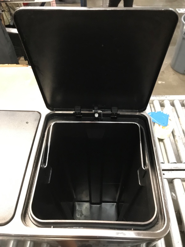 Photo 5 of **MINOR TEAR & WEAR, MINOR DENT**ONGMICS 2 x 8 Gal Garbage Can for Kitchen, with 15 Trash Bags, 2 Compartments, Plastic Inner Buckets and Hinged Lids, Silver and Black ULTB60NL & 12 Gal (45L) Stainless Steel Garbage Can