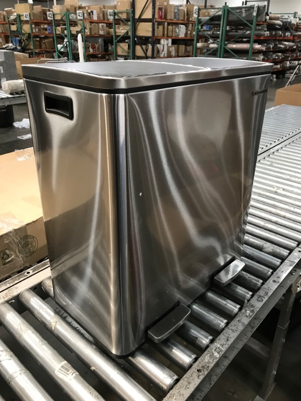Photo 2 of **MINOR TEAR & WEAR, MINOR DENT**ONGMICS 2 x 8 Gal Garbage Can for Kitchen, with 15 Trash Bags, 2 Compartments, Plastic Inner Buckets and Hinged Lids, Silver and Black ULTB60NL & 12 Gal (45L) Stainless Steel Garbage Can