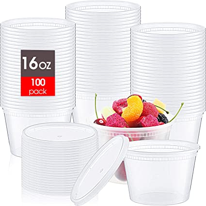 Photo 1 of 100 Sets Plastic Food Containers with Lids 16 oz Deli Storage Containers Disposable Soup Containers with Airtight Lids Leakproof Round Clear Takeout Container, Microwave Dishwasher Freezer Safe
