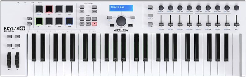 Photo 1 of Arturia KeyLab Essential 49 - 49 Key USB MIDI Keyboard Controller with Velocity Sensitive Synth Action Keys, 8 Drum Pads, 9 Faders, 9 Knobs and Analog Lab V Software Included
