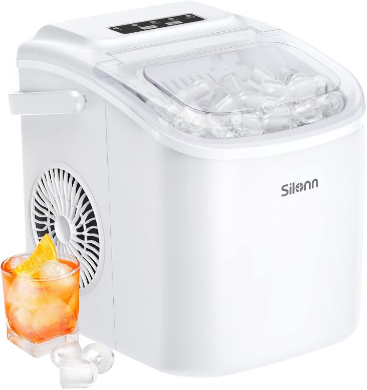 Photo 1 of Silonn Countertop Ice Maker, 9 Cubes Ready in 6 Mins, 26lbs in 24Hrs, Self-Cleaning Ice Machine with Ice Scoop and Basket, 2 Sizes of Bullet Ice for Home Kitchen Office Bar Party, White (SLIM09)
