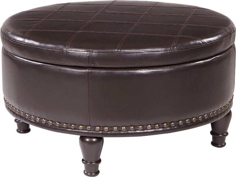 Photo 1 of OSP Home Furnishings Augusta Round Storage Ottoman with Decorative Nailheads and Flip Over Lid with Serving Tray Surface, Espresso Faux Leather
