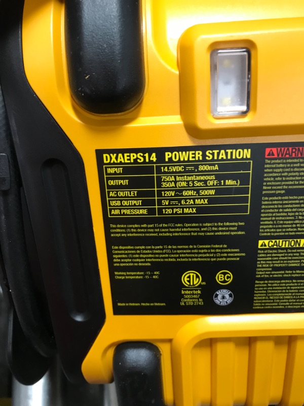Photo 1 of DEWALT DXAEPS14 1600 Peak Battery Amp 12V Automotive Jump Starter/Power Station with 500 Watt AC Power Inverter, 120 PSI Digital Compressor, and USB Power , Yellow