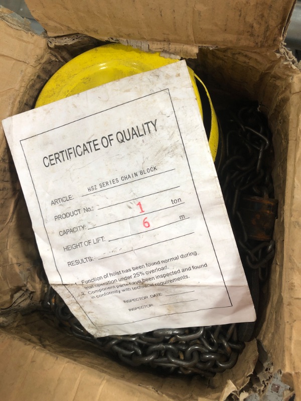 Photo 2 of *READ NOTES*VEVOR Hand Chain Hoist, 2200 lbs /1 Ton Capacity Chain Block, 20ft/6m Lift Manual Hand Chain Block, Manual Hoist w/Industrial-Grade Steel Construction for Lifting Good in Transport & Workshop, Yellow 1T 20FT Hoist