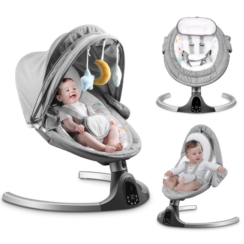 Photo 1 of Baby Swings for Infants, 5 Speed Bluetooth Baby Bouncer with 3 Seat Positions & Built-in 12 Music & 3 Timer Settings & 5-Point Harness & Remote Control, Touch Screen Chair for 5-20 lb, 0-9 Months Gray