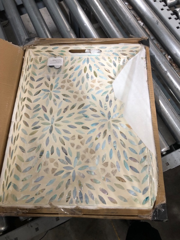 Photo 1 of I-lan Creative Rectangular Mother of Pearl Shell Severing Tray Lacquer Wooden Decorative Tray Handmade Shell Serving Tray with Handles and 2 Inch Wall, 18”Large Green Inlay Nacre Ottoman Tray (45cm) 45*35*5