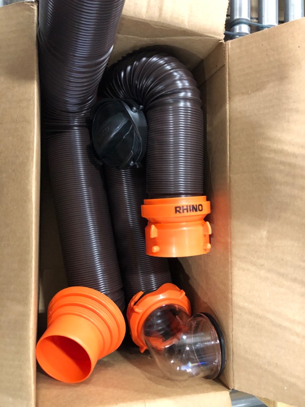 Photo 3 of Camco 20' (39742) RhinoFLEX 20-Foot RV Sewer Hose Kit, Swivel Transparent Elbow with 4-in-1 Dump Station Fitting-Storage Caps Included , Black , Brown 20ft Sewer Hose Kit Frustration-Free Packaging