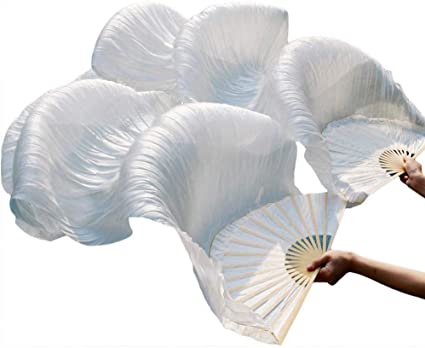 Photo 1 of **MINOR FRAYING**1 Pair Belly Dance Silk Bamboo Long Fan Veil White Color
