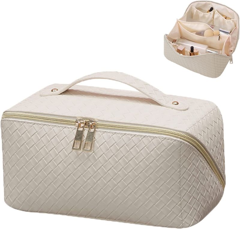 Photo 1 of BAKLUCK Travel Makeup Bag Large Capacity Cosmetic Bag with Compartment Waterproof PU Leather Makeup Bag for Women and Girl Travel Bathroom Portable Checkered Beige Makeup Bag
