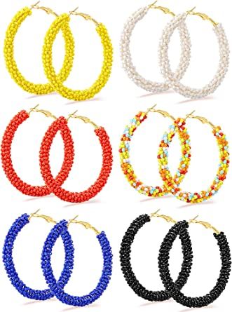 Photo 1 of 6 Pairs Beaded Hoop Earrings Bohemian Circle Round Earrings Handmade Dangle Earrings for Women and Girls
