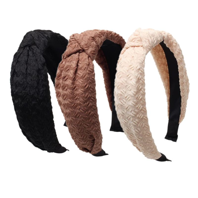 Photo 1 of 3PK Black Knot Headbands for Women Wide Hair Bands lace Brown Non Slip Fashion Hair Hoop Solid Hairband for Girls Hair Accessories
