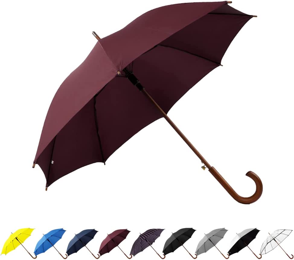 Photo 1 of  Arc Classic Wood Handle Umbrella Auto Open Windproof Unbreakable Stick Rain Umbrella (Wine)
