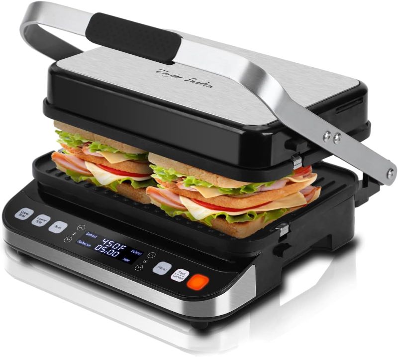 Photo 1 of 10 in 1 Panini Press Sandwich Maker, Taylor Swoden 1600W Electric Indoor Grill with Non-Stick Double Sided Plates, LED Touch Screen, Independent Temperature Control, Opens 180 Degrees, Stainless Steel
