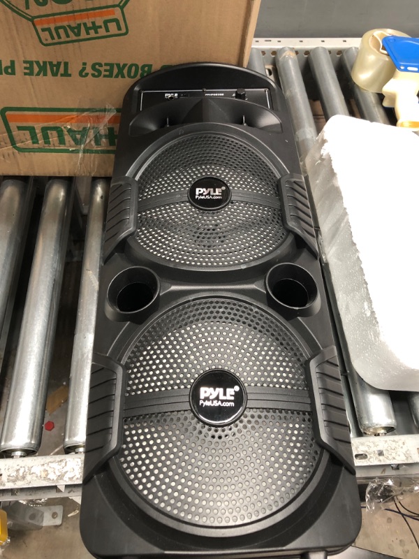 Photo 3 of Pyle Portable Bluetooth PA Speaker System - 600W Rechargeable Outdoor Bluetooth Speaker Portable PA System w/ Dual 8” Subwoofer 1” Tweeter, Microphone In, Party Lights, USB, Radio, Remote - PPHP2835B