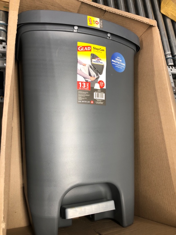 Photo 2 of Glad 13 Gallon Trash Can | Plastic Kitchen Waste Bin with Odor Protection of Lid | Hands Free with Step On Foot Pedal and Garbage Bag Rings, 13 Gallon, Grey Grey 13 Gallon