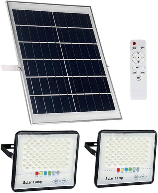 Photo 1 of 2 Pack 100W LED Solar Flood Lights Outdoor with Remote,Dusk to Dawn Solar Security Street Light Waterproof IP67 for Fence,Garden,Pool,Barn,Lawn,Flag Pole White
