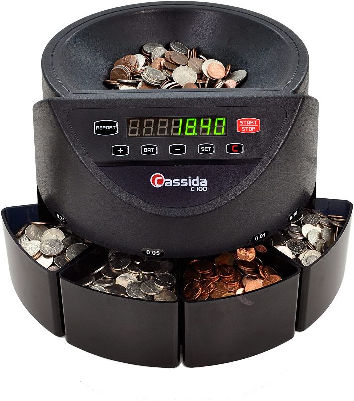 Photo 1 of Cassida C100 Electronic Coin Sorter/Counter, Countable Coins 1¢, 5¢, 10¢, 25¢, 250 Coins/min, 110 VAC & 6600 UV/MG – USA Business Grade Money Counter with UV/MG/IR Counterfeit Detection Coin Sorter + Money Counter 6600 UV/MG