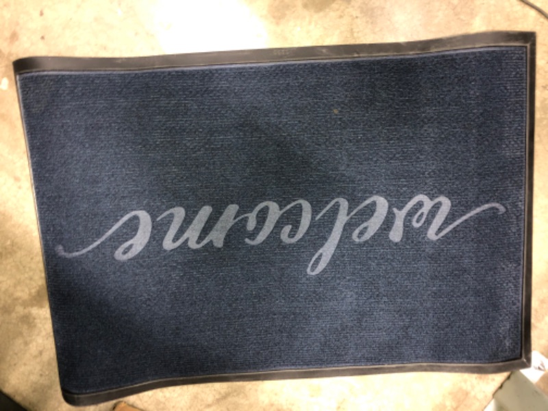 Photo 1 of (LIKE NEW) Dexi Navy Blue "WELCOME" Cursive Front Door Floor Mat, Non-Slip Black Backing & Black Frame 23"X36"