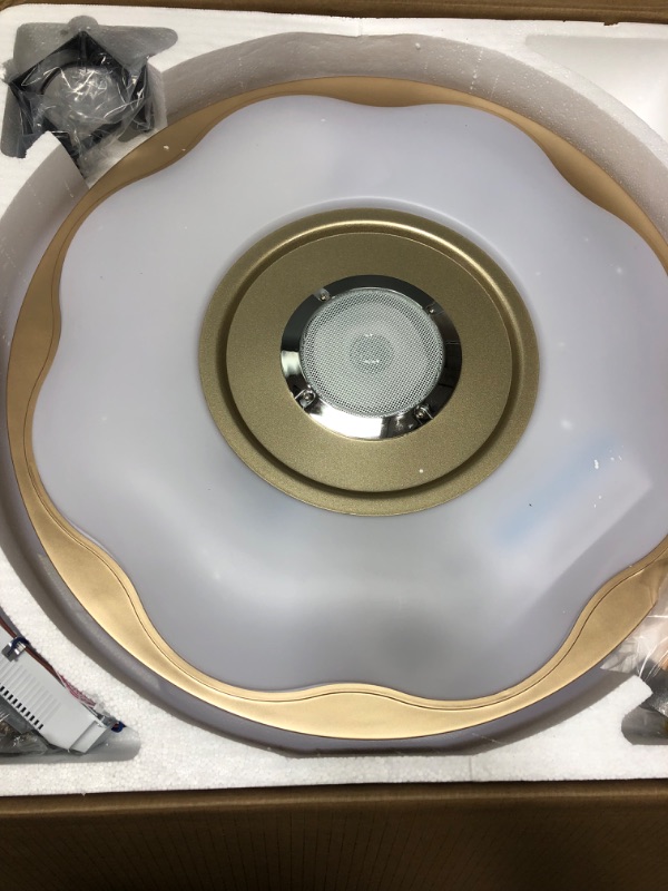 Photo 1 of Modern Smart Ceiling Fans 42 Inch Light Bluetooth Speaker Pendant Lamp Chandelier Multiple Dimmable LED Light Colors Invisible Blades with Remote Control, Gold Fan Light for Bedroom Dining/Living Room D42 Inches with Speaker-Gold