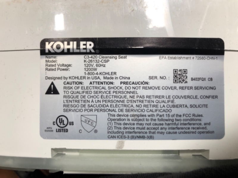 Photo 6 of **MINOR SHIPPING DAMAGE, TESTED**KOHLER C3-420 Electric Heated Bidet Seat for Elongated Toilet in White
