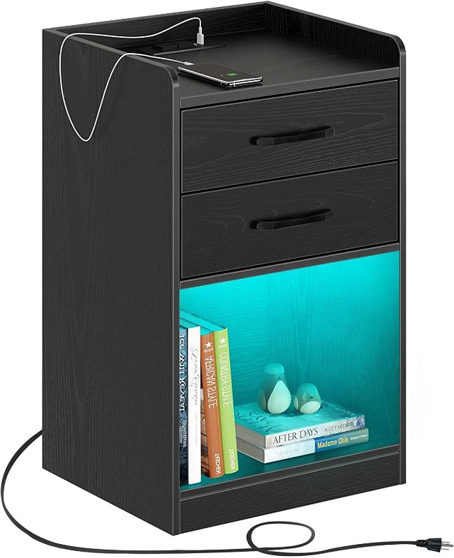 Photo 1 of  Nightstand with Charging Station and LED Lights, Modern Design End Side Table with 2 Drawers, Nightstand Open Compartment for Bedroom, Black
