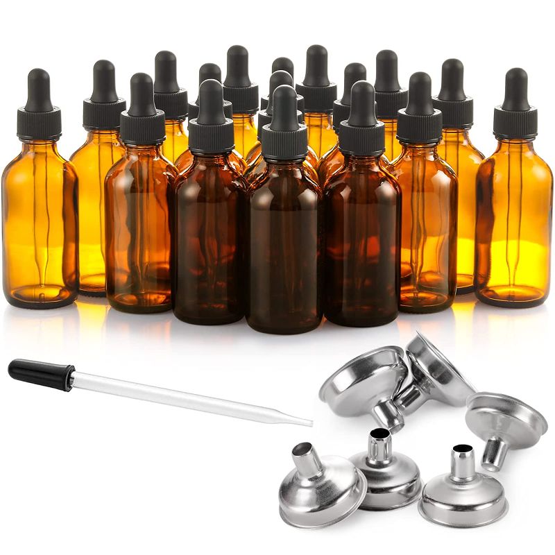 Photo 1 of 24 Pcs 2 oz Dark Amber Dropper Bottles with 6 Small Funnels & 1 Long Glass Dropper & 24 Labels - 60ml Glass Tincture Bottle