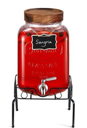 Photo 1 of 2 Gallon Glass Beverage Dispenser with Stand, 18/8 Stainless Steel Spigot, Designed Wooden Lid - Glass Drink Dispensers for Parties