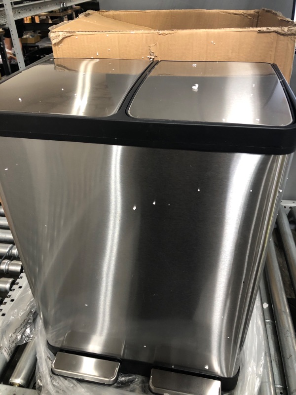 Photo 2 of  DENTED ON SIDE AND BACK iTouchless 16 Gallon Kitchen Dual Step Trash Can & Recycle Bin, Stainless Steel, includes 2 x 8 Gallon (30L) Removable Inner Buckets, Soft Close Lid and Airtight, for Home, Office, Business 016 Gal SoftStep Trash Can