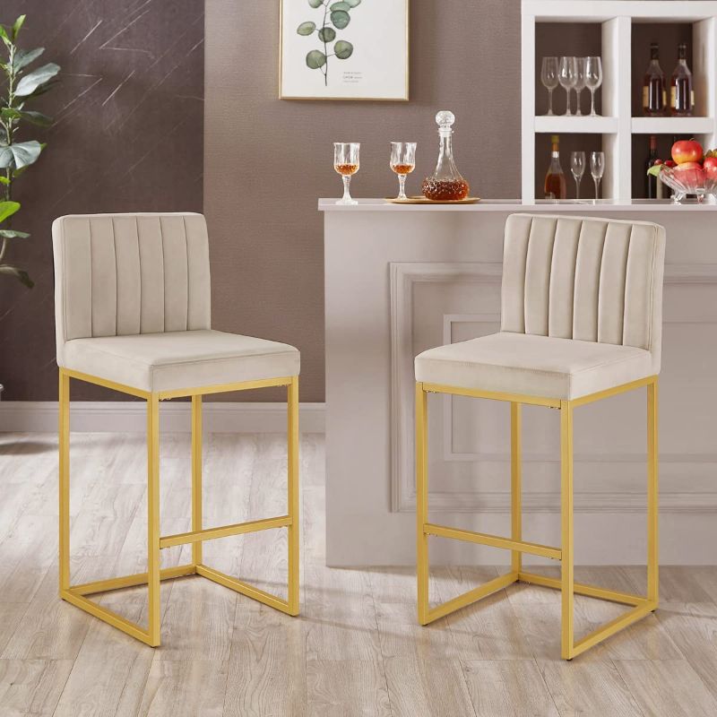 Photo 1 of 24KF Upholstered Modern Set of 2 Bar Chairs with Backrest,Soft Velvet Barstool Chair with Golden Metal Stand-Blush-2pcs barstool - 2 pack Blush-2pcs