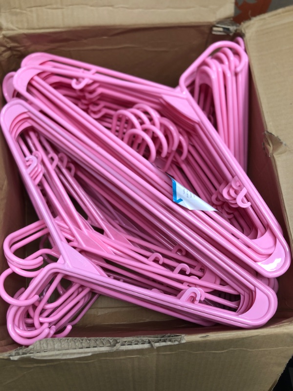 Photo 2 of Zober Plastic Hangers 100 Pack - Standard Set of Clothes Hangers for Coats, Jackets & Pants - Slim Coat Hanger Set for Everyday Use - Clothing Hangers w/Hooks - Heavy Duty Hangers, Pink Pink 100 Pack