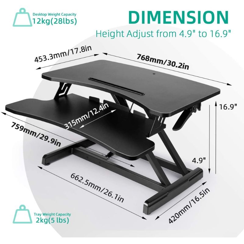 Photo 1 of SIMBR Standing Desk Converter 30.2 Inch Computer Desk for Home Office Sit to Stand Desk Height Adjustable Gas Spring Desk Riser Stand up Desk Workstation with Keyboard Tray
