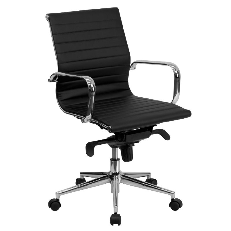 Photo 1 of Flash Furniture Mid-Back Black Ribbed LeatherSoft Swivel Conference Office Chair with Knee-Tilt Control and Arms - 25.50 x 23.50 x 39.50 Inches
