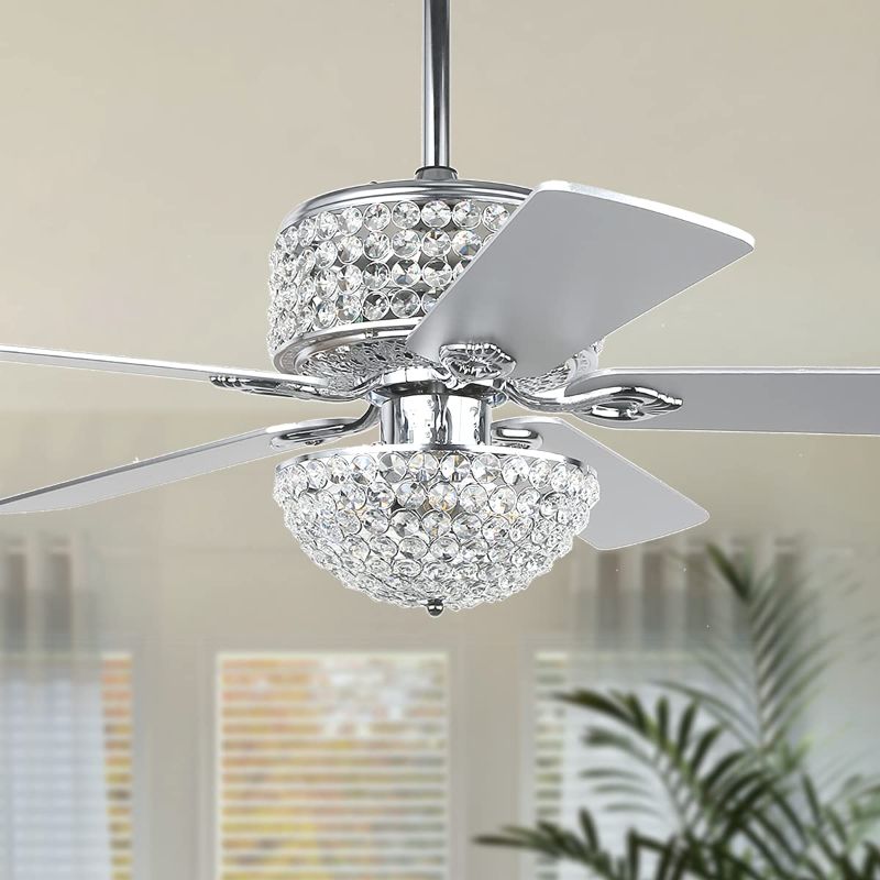 Photo 2 of (PARTS ONLY)Crystal Ceiling Fan with Lights, 52” Modern Chandelier Fan with Remote Control, Quiet Fandelier with Reversible Dual Finish Blades, Indoor Fan Perfect for Living Room Dining Room, Bedroom, Silver Chrome