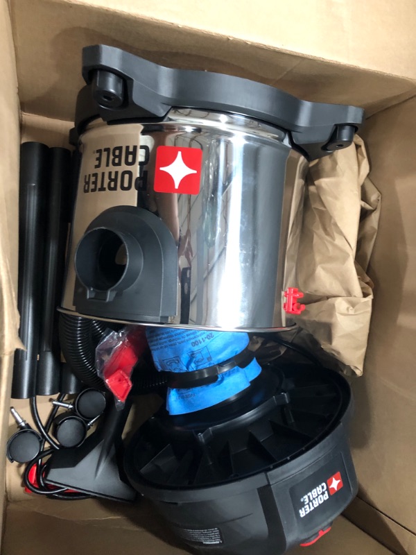 Photo 2 of ***NON-FUNCTIONAL**** PORTER-CABLE Wet/Dry Vacuum 4 Gallon 4HP Stainless Steel Light Weight Portable, Silver+red & Original Manufacturer Filter Bags and Stanley Wet/Dry Vacuum SL18301-3B