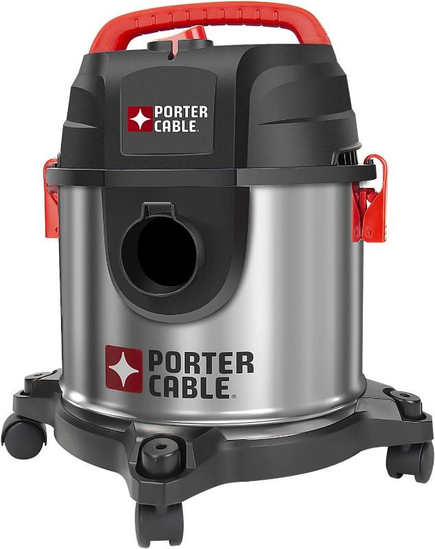 Photo 1 of ***NON-FUNCTIONAL**** PORTER-CABLE Wet/Dry Vacuum 4 Gallon 4HP Stainless Steel Light Weight Portable, Silver+red & Original Manufacturer Filter Bags and Stanley Wet/Dry Vacuum SL18301-3B