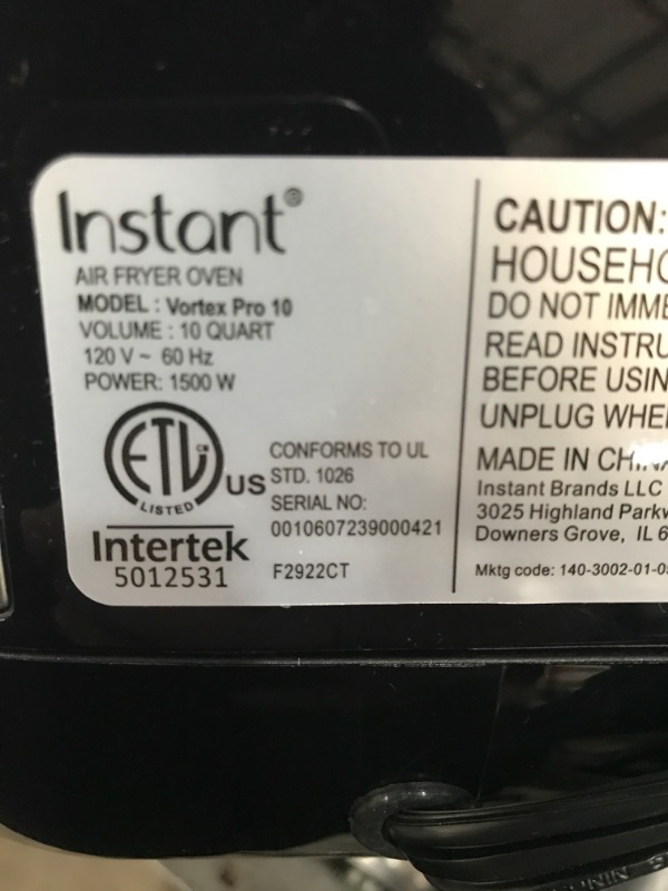 Photo 5 of **MINOR DENTS ON SIDE**Instant Vortex Pro Air Fryer, 10 Quart, 9-in-1 Rotisserie and Convection Oven, From the Makers of Instant Pot with EvenCrisp Technology, App With Over 100 Recipes, 1500W, Stainless Steel 10QT Vortex Pro