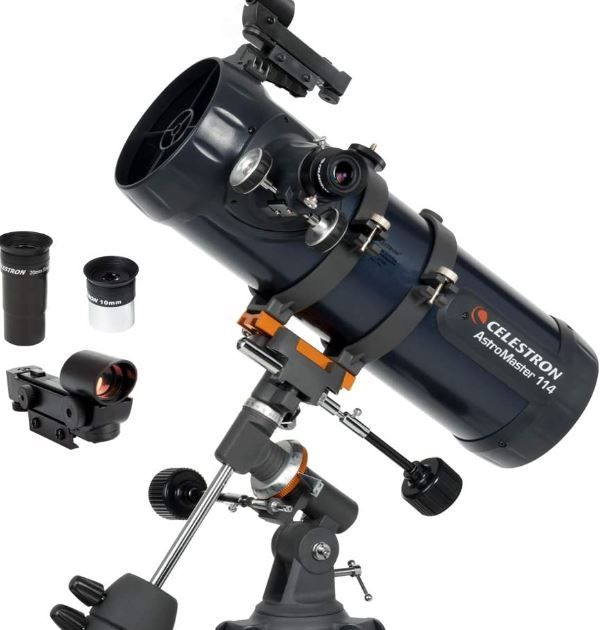 Photo 1 of Celestron - AstroMaster 114EQ Newtonian Telescope - Reflector Telescope for Beginners - Fully-Coated Glass Optics - Adjustable-Height Tripod - Bonus Astronomy Software Package
